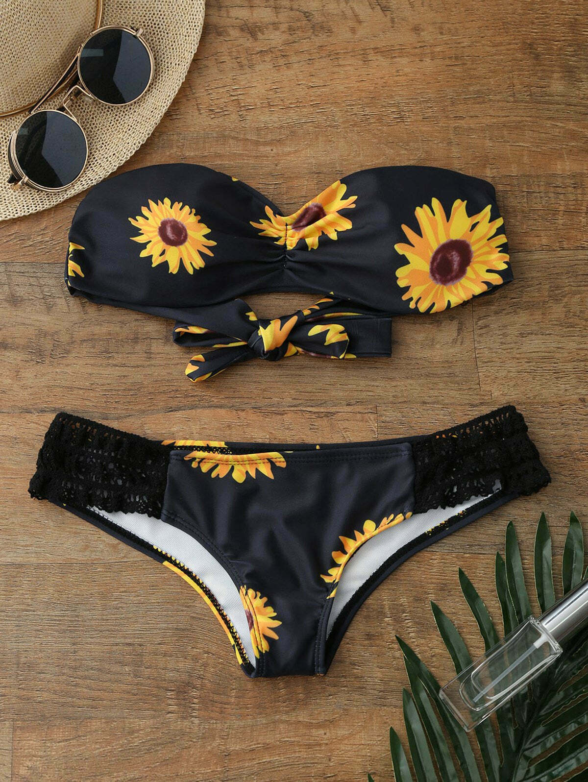 Sunflower Print Push Up Bandeau Bikini for Y2K Aesthetic Fashionistas