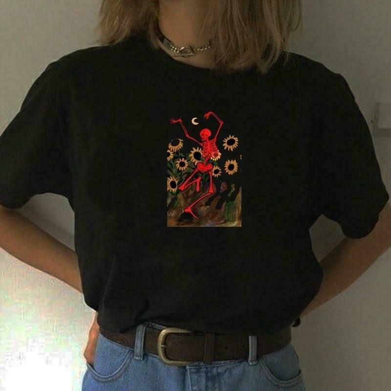 Sunflower Skeleton Dance Graphic Tee - Y2K Aesthetic Fashion Statement