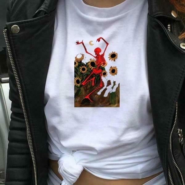 Sunflower Skeleton Dance Graphic Tee - Y2K Aesthetic Fashion Statement