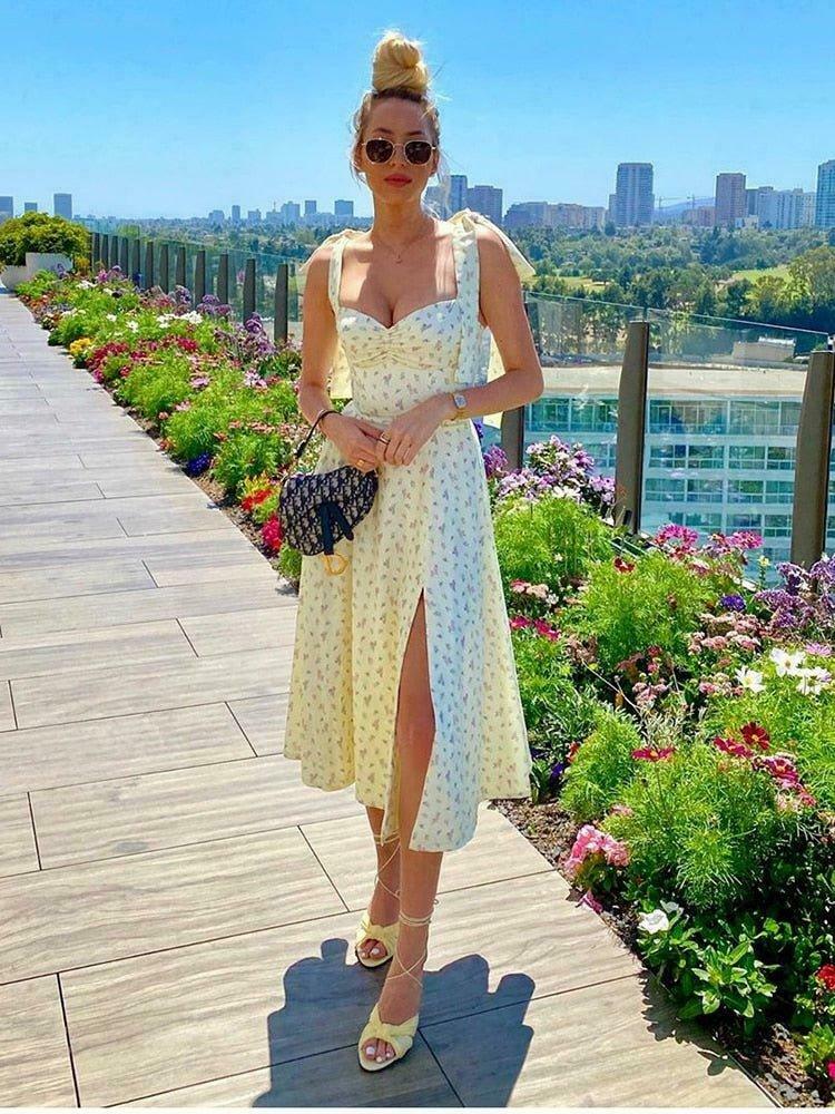 Sunshine's Coquette Aesthetic Floral Dress with Thigh Split - Y2K Fashion Statement