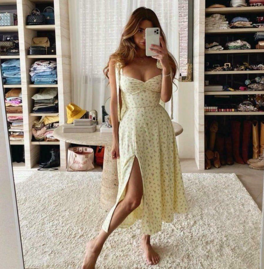 Sunshine's Coquette Aesthetic Floral Dress with Thigh Split - Y2K Fashion Statement