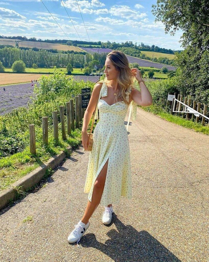 Sunshine's Coquette Aesthetic Floral Dress with Thigh Split - Y2K Fashion Statement
