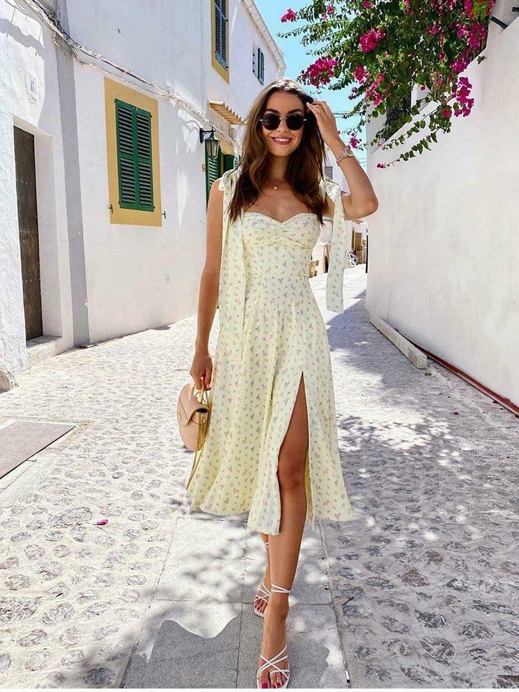 Sunshine's Coquette Aesthetic Floral Dress with Thigh Split - Y2K Fashion Statement