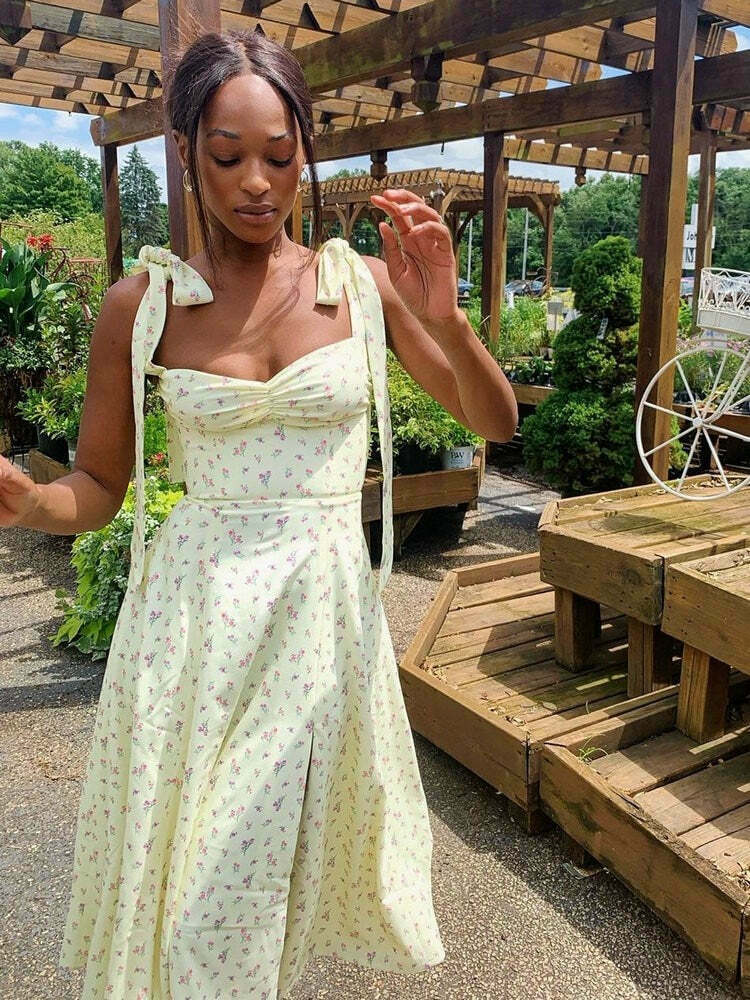 Sunshine's Coquette Aesthetic Floral Dress with Thigh Split - Y2K Fashion Statement