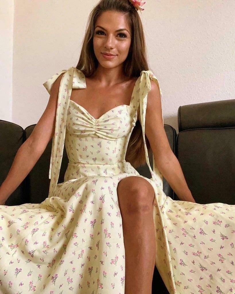 Sunshine's Coquette Aesthetic Floral Dress with Thigh Split - Y2K Fashion Statement