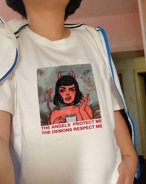 The Angels Protect Me, The Demons Respect Me Tee - Y2K Fashion Statement with Coquette Aesthetic