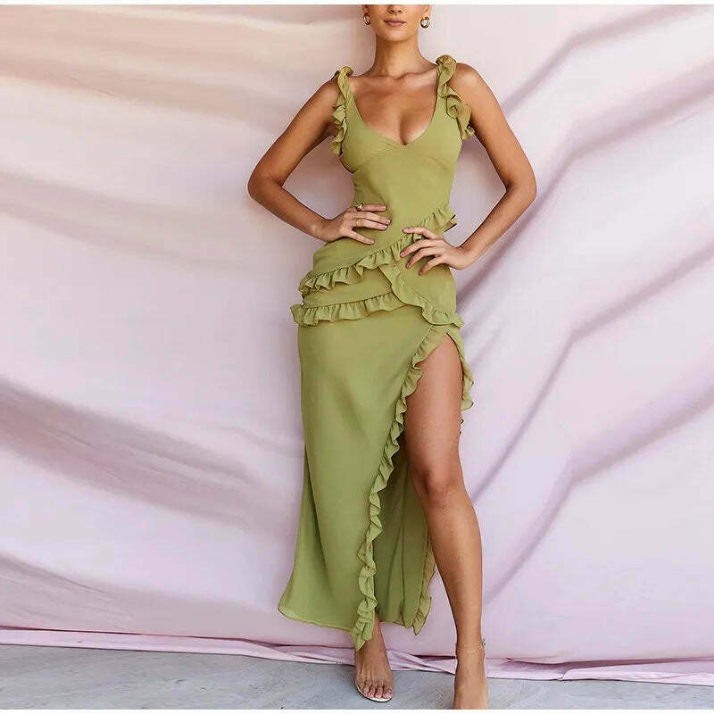 Twisty Twirl High Slit Ruffle Dress - Y2K Fashion Statement with Coquette Aesthetic and Grunge Style