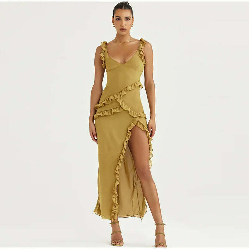 Twisty Twirl High Slit Ruffle Dress - Y2K Fashion Statement with Coquette Aesthetic and Grunge Style