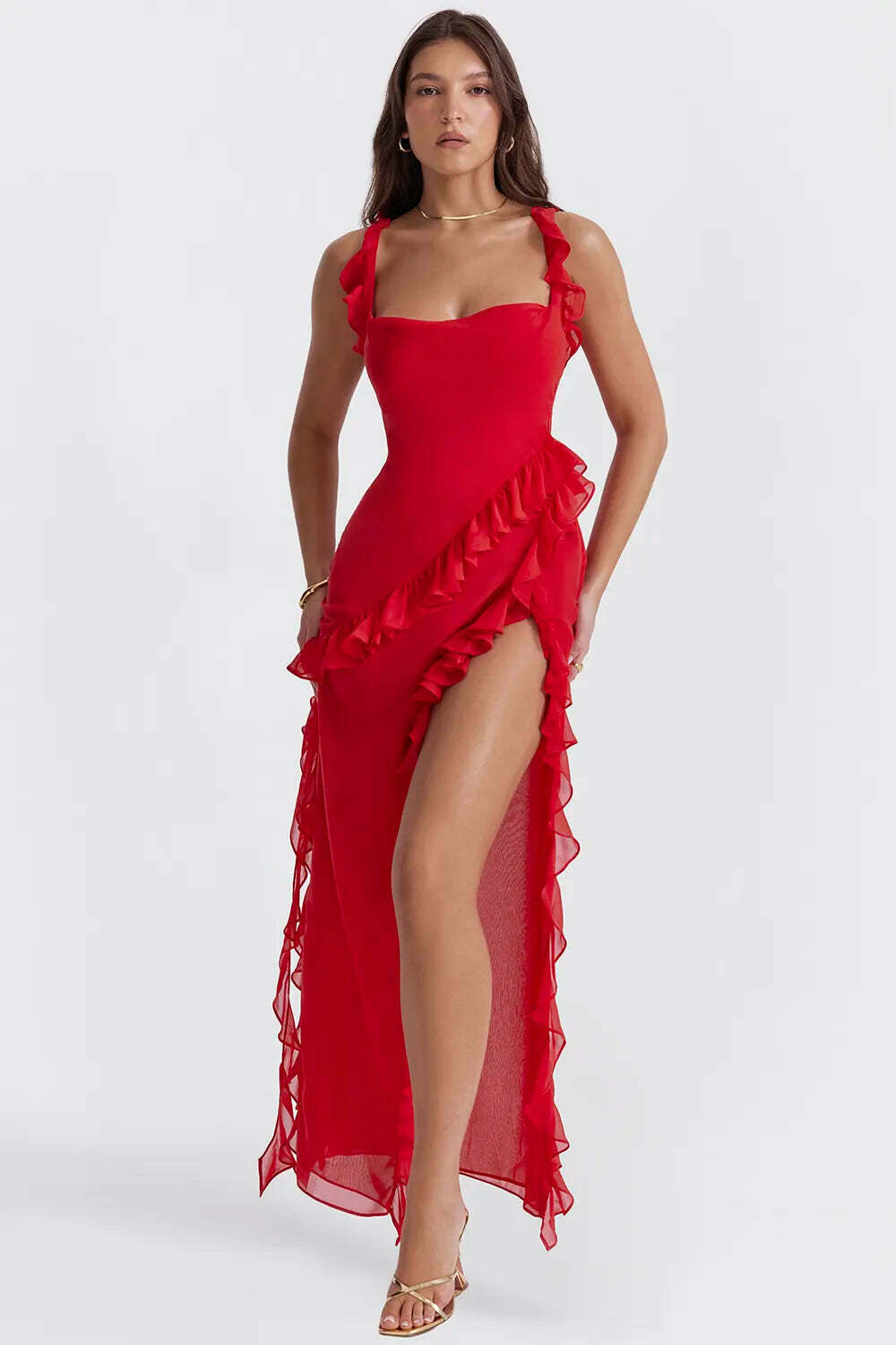 Twisty Twirl High Slit Ruffle Dress - Y2K Fashion Statement with Coquette Aesthetic and Grunge Style