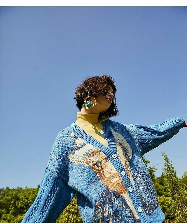 Van Gogh Vintage Cardigan: Y2K Aesthetic Knit Sweater for Women - Coquette Style Grunge Fashion