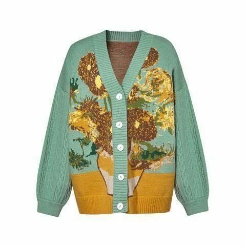 Van Gogh Vintage Cardigan: Y2K Aesthetic Knit Sweater for Women - Coquette Style Grunge Fashion