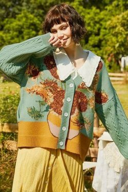 Van Gogh Vintage Cardigan: Y2K Aesthetic Knit Sweater for Women - Coquette Style Grunge Fashion
