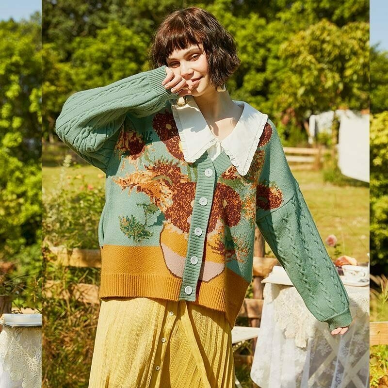 Van Gogh Vintage Cardigan: Y2K Aesthetic Knit Sweater for Women - Coquette Style Grunge Fashion