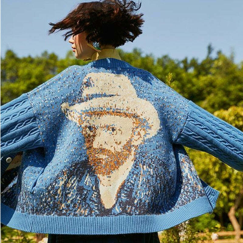 Van Gogh Vintage Cardigan: Y2K Aesthetic Knit Sweater for Women - Coquette Style Grunge Fashion