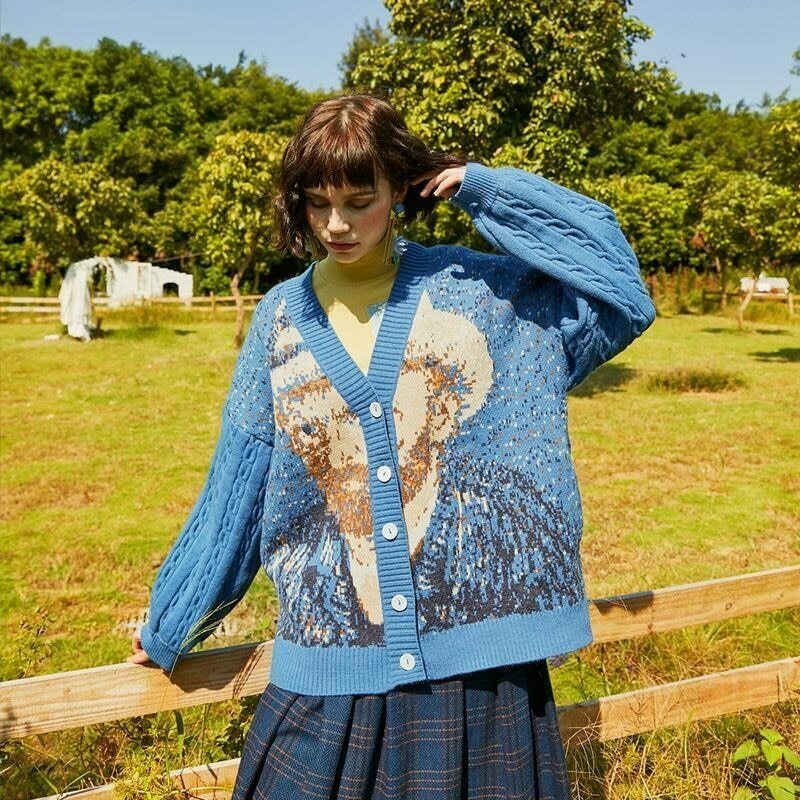 Van Gogh Vintage Cardigan: Y2K Aesthetic Knit Sweater for Women - Coquette Style Grunge Fashion