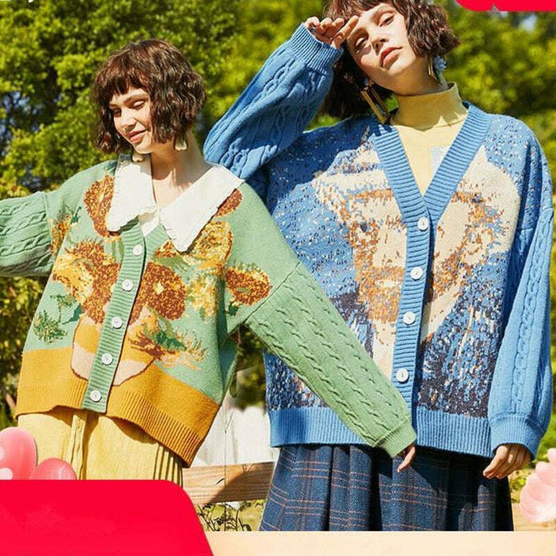 Van Gogh Vintage Cardigan: Y2K Aesthetic Knit Sweater for Women - Coquette Style Grunge Fashion