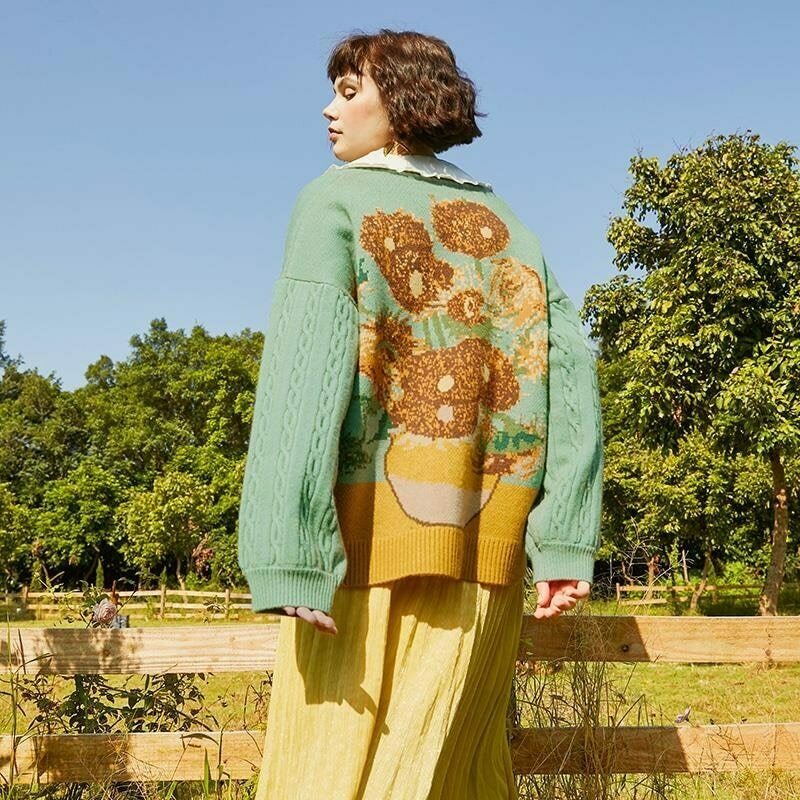 Van Gogh Vintage Cardigan: Y2K Aesthetic Knit Sweater for Women - Coquette Style Grunge Fashion