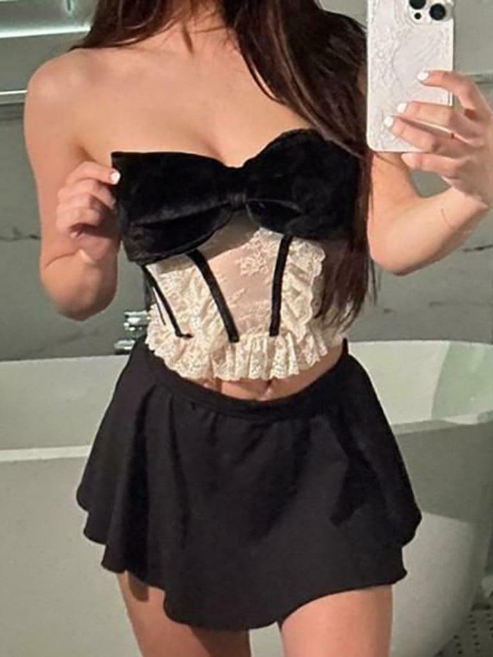Velvet Ribbon Lace Corset Tank Top - Y2K Fashion Aesthetic for Women - Coquette Style Grunge Outfit