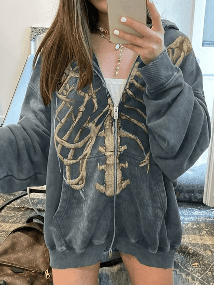 Velvet Skeleton Graphic Zip Up Hoodie - Y2K Aesthetic Coquette Fashion for Women