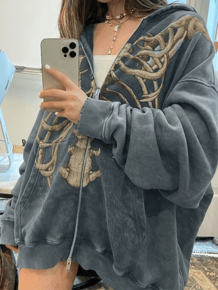 Velvet Skeleton Graphic Zip Up Hoodie - Y2K Aesthetic Coquette Fashion for Women