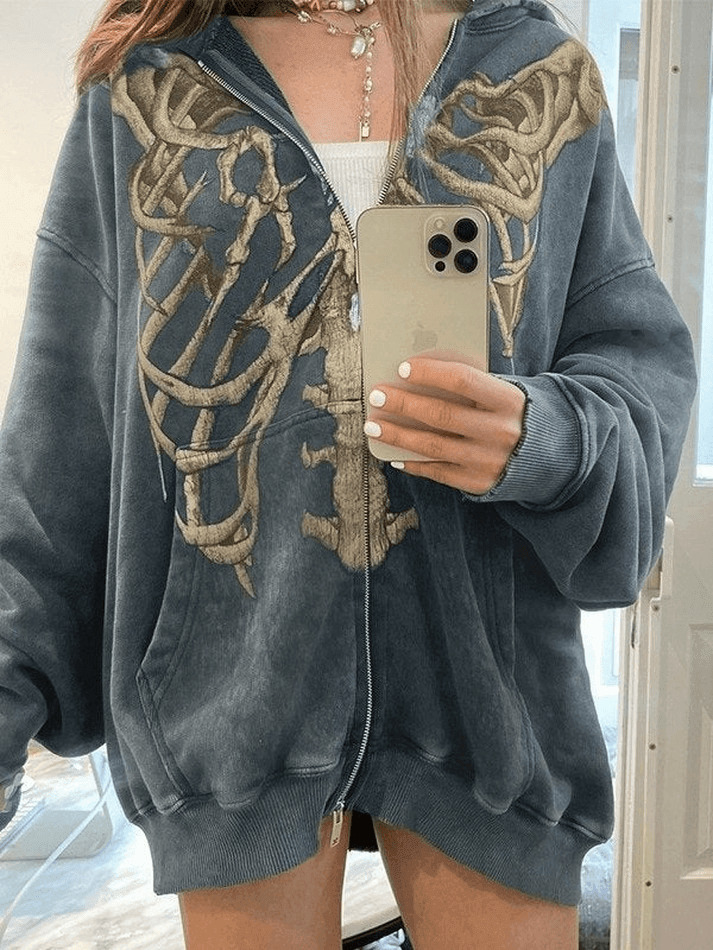 Velvet Skeleton Graphic Zip Up Hoodie - Y2K Aesthetic Coquette Fashion for Women