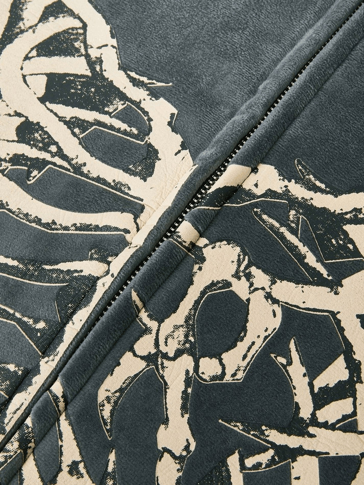 Velvet Skeleton Graphic Zip Up Hoodie - Y2K Aesthetic Coquette Fashion for Women