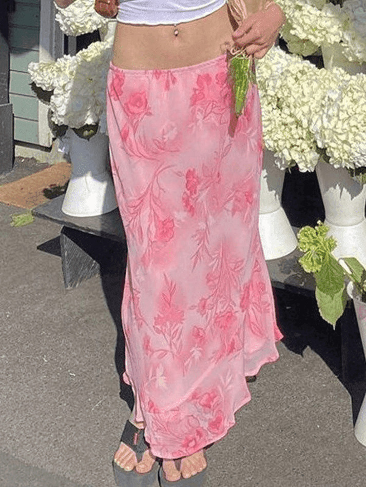 Vintage-Inspired Chiffon Floral Midi Skirt - Y2K Fashion Coquette & Gr