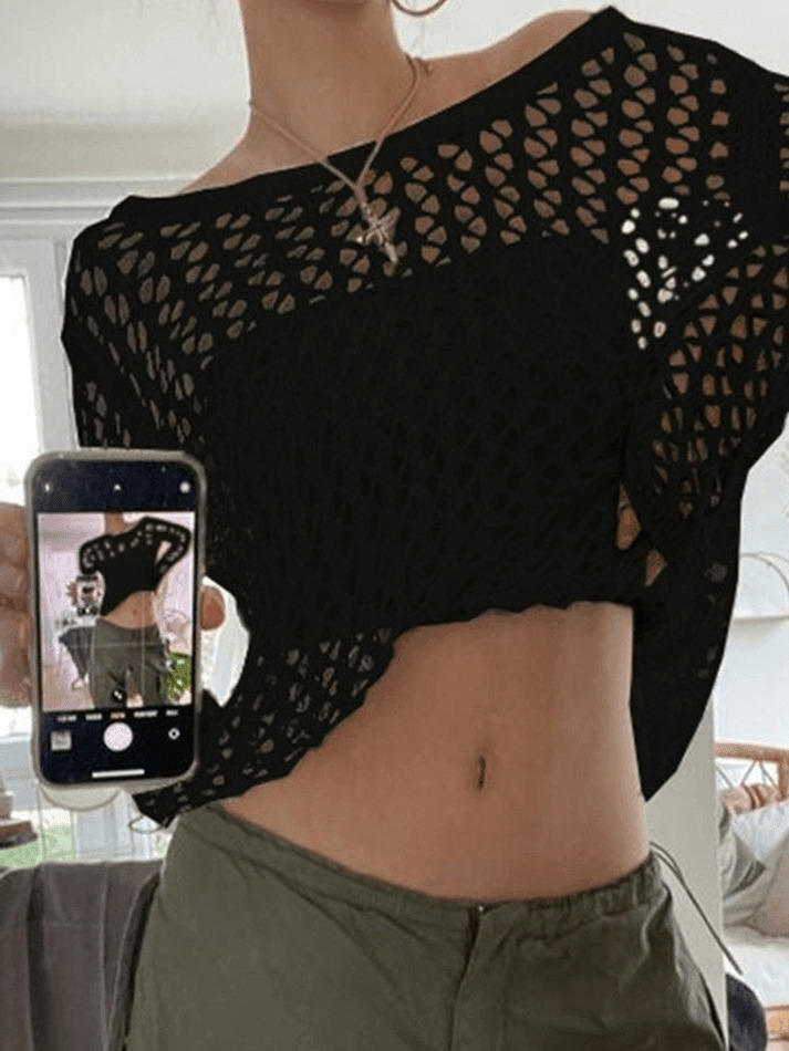 Vintage-Inspired Crochet Knit Top - Y2K Fashion Aesthetic with Coquette & Grunge Vibes