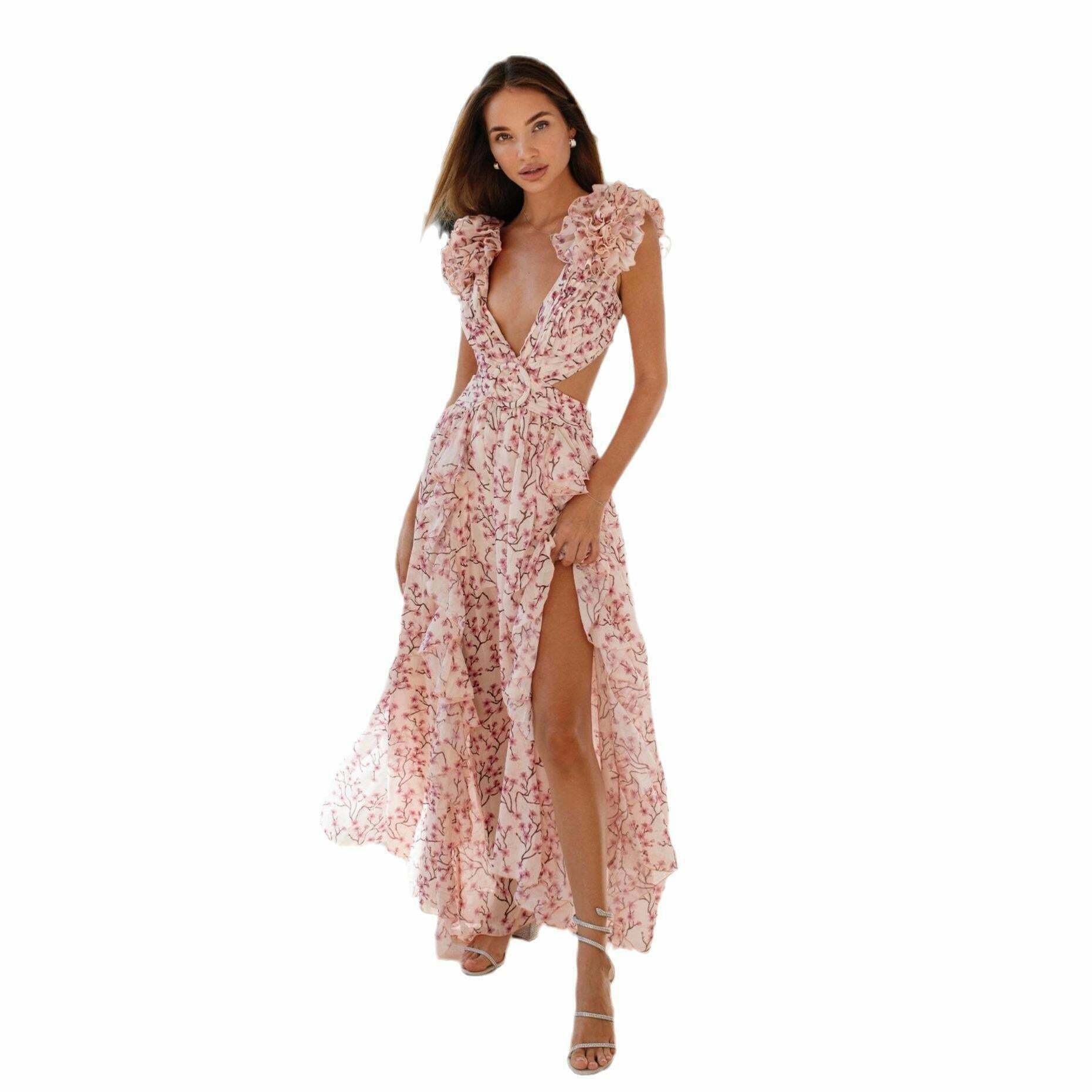 Vintage-Inspired Deep V Ruffled Floral Midi Dress for Women - Y2K Fashion Aesthetic