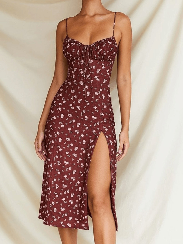 Vintage-Inspired Ditsy Floral Maxi Dress with a Split Hem - Y2K Fashion Aesthetic