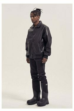 Vintage-Inspired Faux Leather Jacket with 90s Aesthetic Vibe