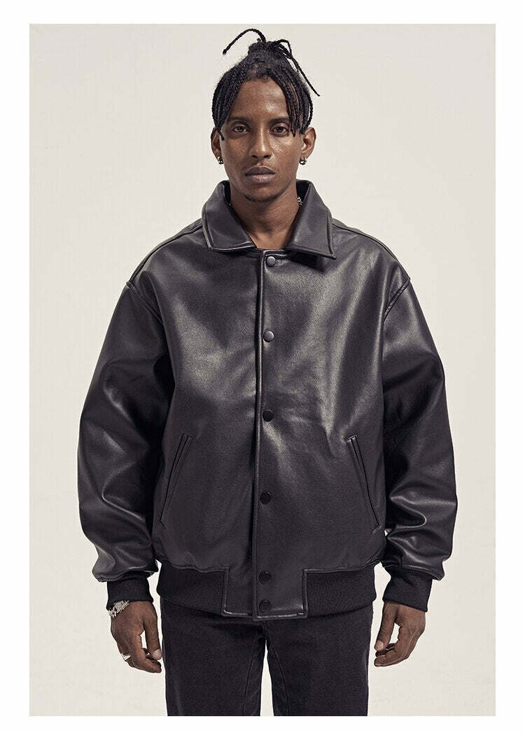 Vintage-Inspired Faux Leather Jacket with 90s Aesthetic Vibe