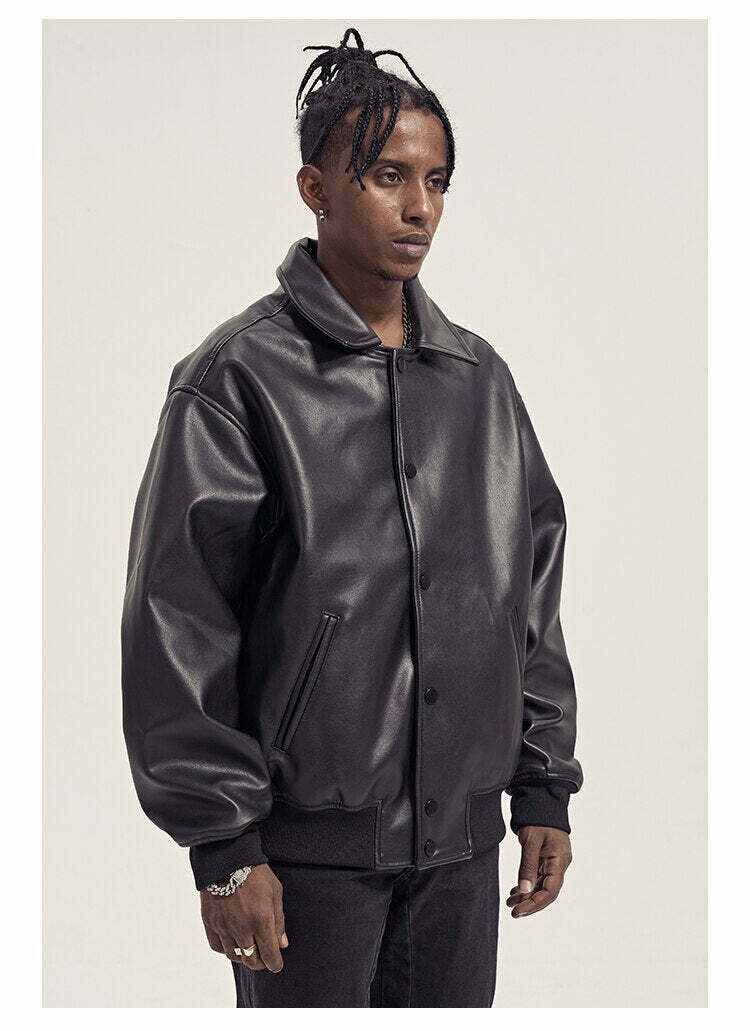 Vintage-Inspired Faux Leather Jacket with 90s Aesthetic Vibe