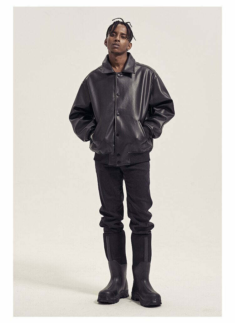 Vintage-Inspired Faux Leather Jacket with 90s Aesthetic Vibe