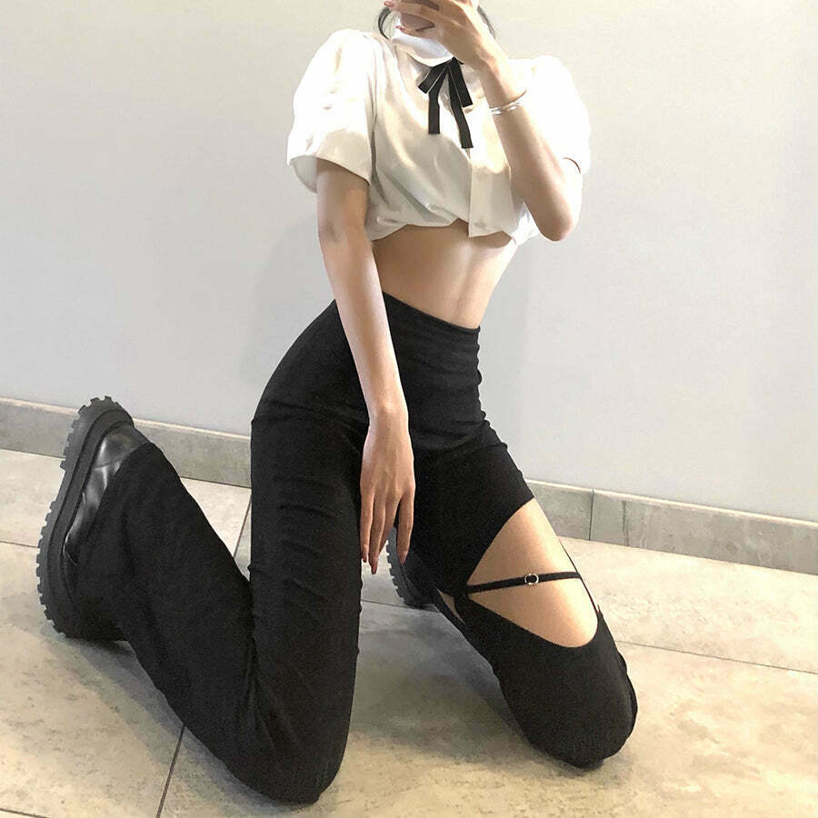 Vintage-Inspired High-Waisted Flared Trousers for Women - Y2K Fashion with a Coquette Aesthetic