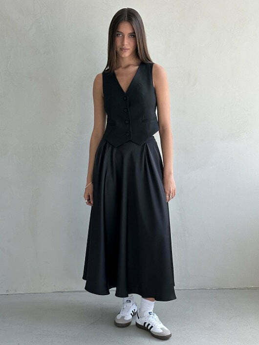 Vintage-inspired high-waisted satin maxi skirt for a timeless and chic look