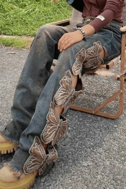 Vintage-Inspired High Waist Embroidered Ripped Jeans - Coquette Aesthetic, Y2K Fashion, Grunge Style