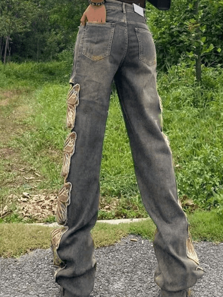 Vintage-Inspired High Waist Embroidered Ripped Jeans - Coquette Aesthetic, Y2K Fashion, Grunge Style