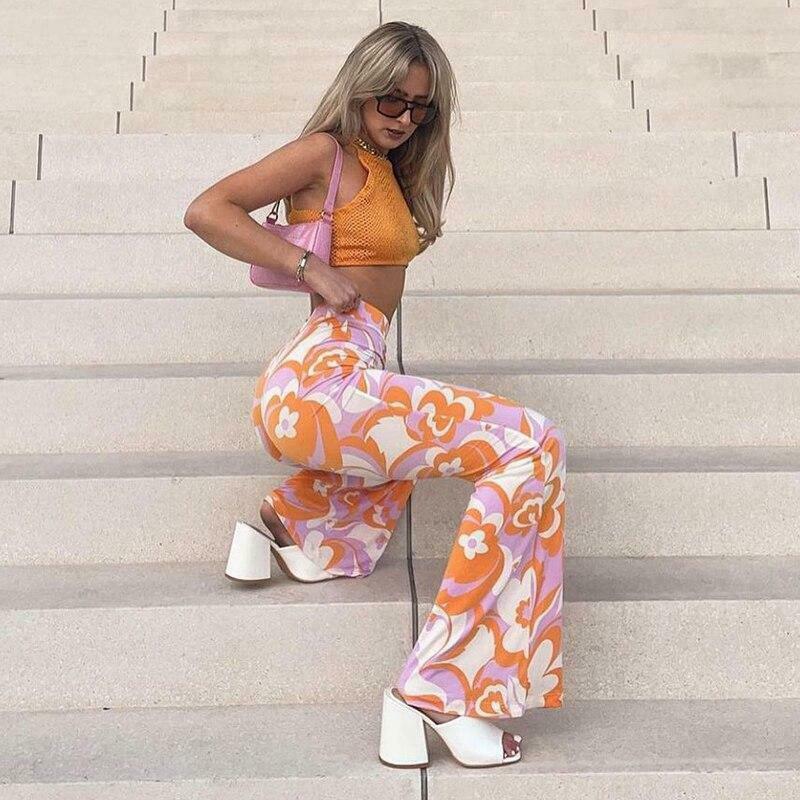 Vintage-Inspired High Waist Floral Boot Cut Pants - Y2K Fashion with Coquette Aesthetic