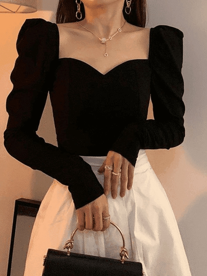 Vintage-Inspired Ruched Puff Sleeve Blouse for Y2K Fashion Enthusiasts