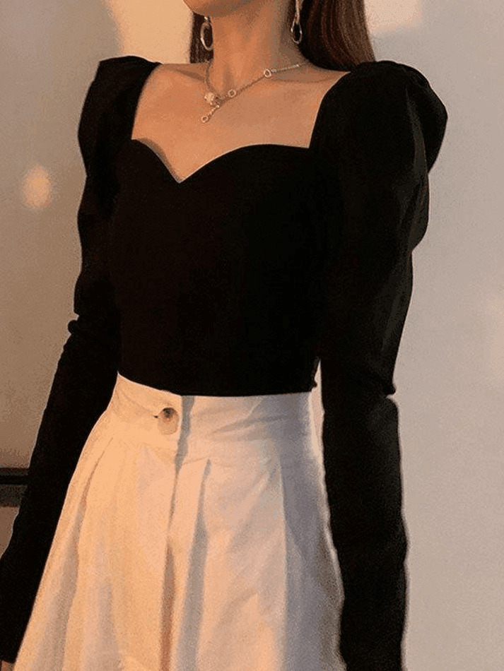 Vintage-Inspired Ruched Puff Sleeve Blouse for Y2K Fashion Enthusiasts