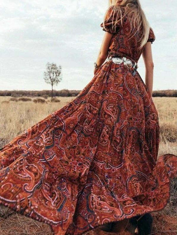 Vintage-Inspired Short-Sleeve Maxi Boho Dress - Y2K Fashion with Coquette Aesthetic & Grunge Style