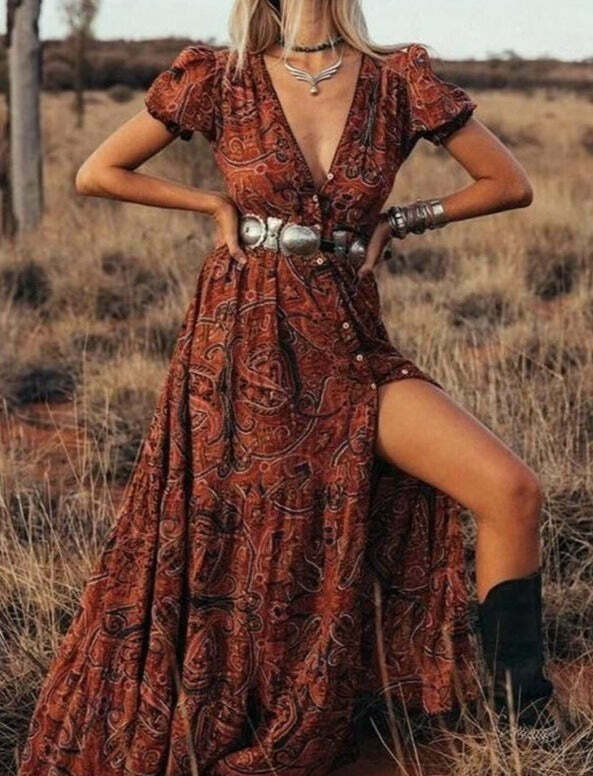 Vintage-Inspired Short-Sleeve Maxi Boho Dress - Y2K Fashion with Coquette Aesthetic & Grunge Style