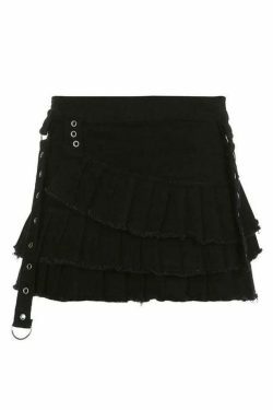 Vintage-Inspired Tiered Pleated Denim Mini Skirt for Women - Y2K Fashion Aesthetic