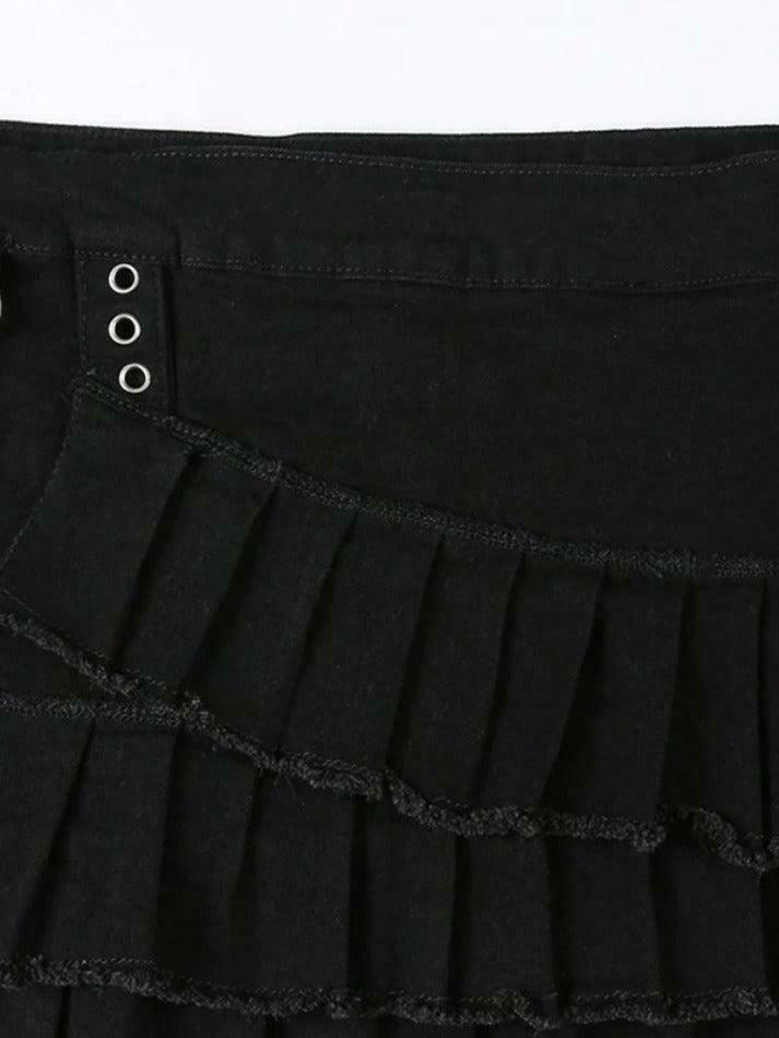 Vintage-Inspired Tiered Pleated Denim Mini Skirt for Women - Y2K Fashion Aesthetic