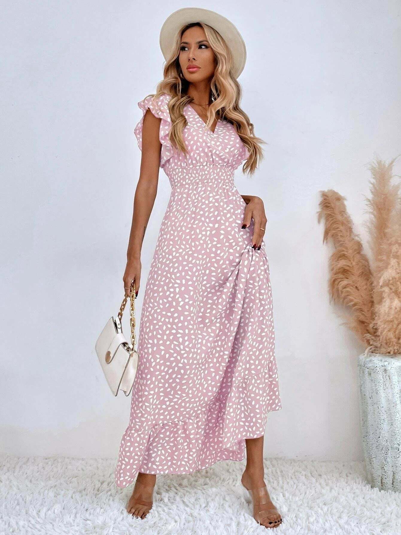 Vintage-Inspired V-Neck Ruffle Sleeve Dress with High Waist - Y2K Fashion Aesthetic