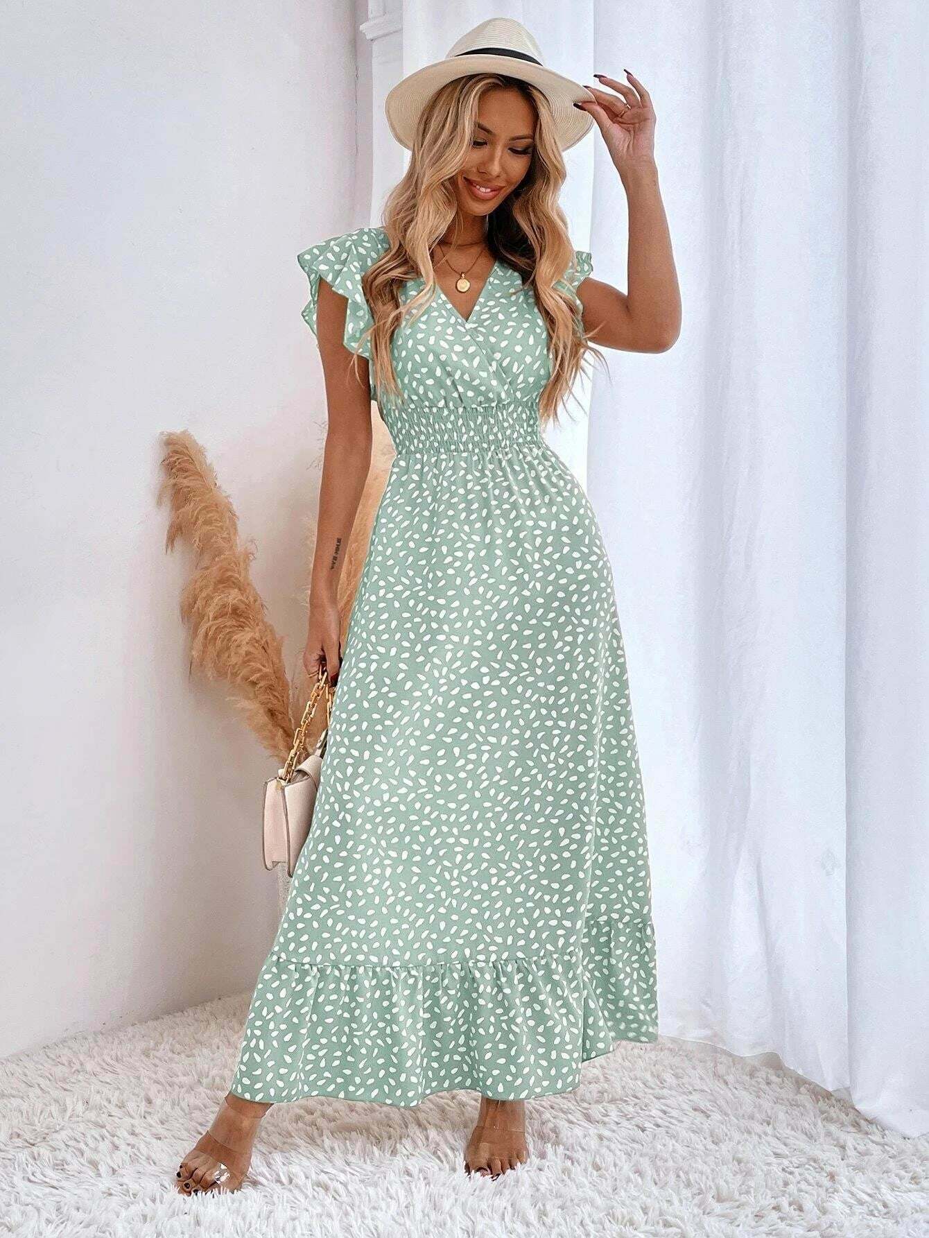 Vintage-Inspired V-Neck Ruffle Sleeve Dress with High Waist - Y2K Fashion Aesthetic