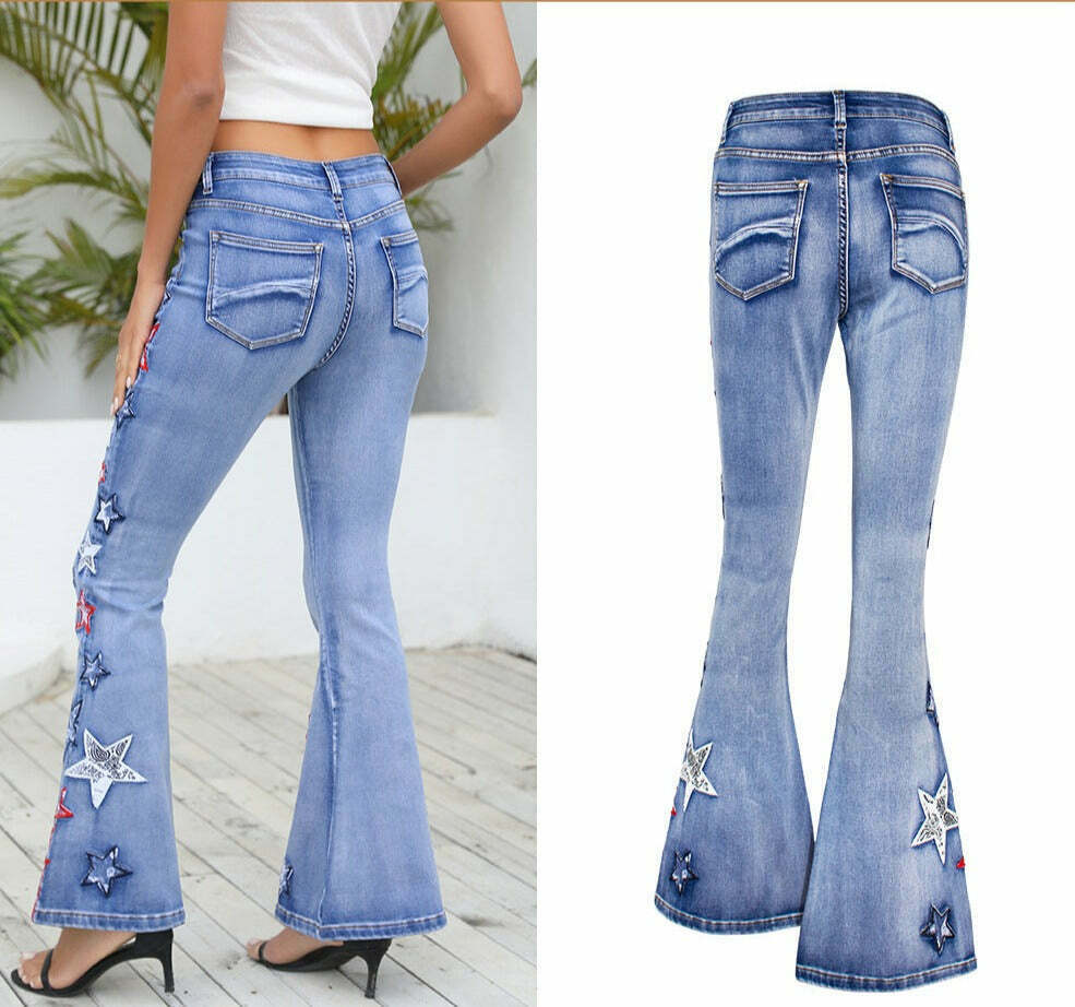 Vintage-Inspired Wide-Leg Denim Bell-Bottom Pants for Women - Y2K Fashion Statement Piece