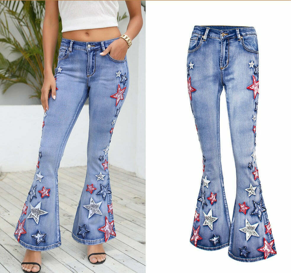 Vintage-Inspired Wide-Leg Denim Bell-Bottom Pants for Women - Y2K Fashion Statement Piece