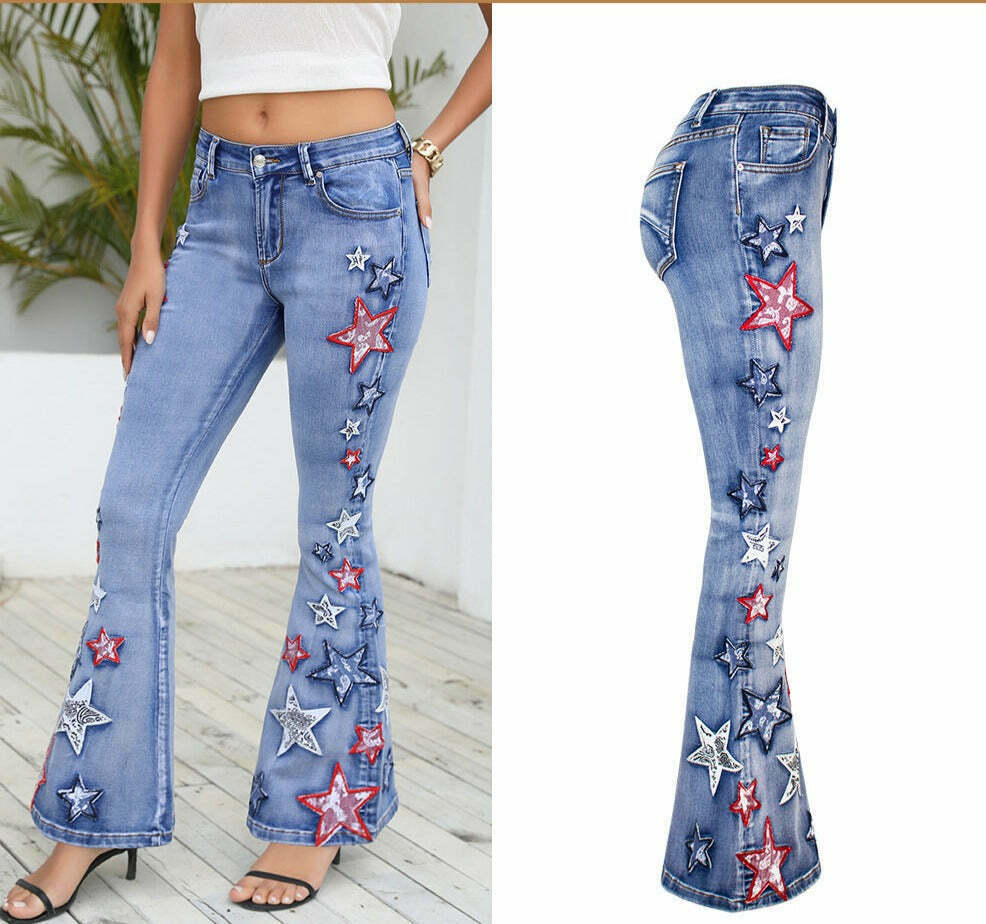 Vintage-Inspired Wide-Leg Denim Bell-Bottom Pants for Women - Y2K Fashion Statement Piece